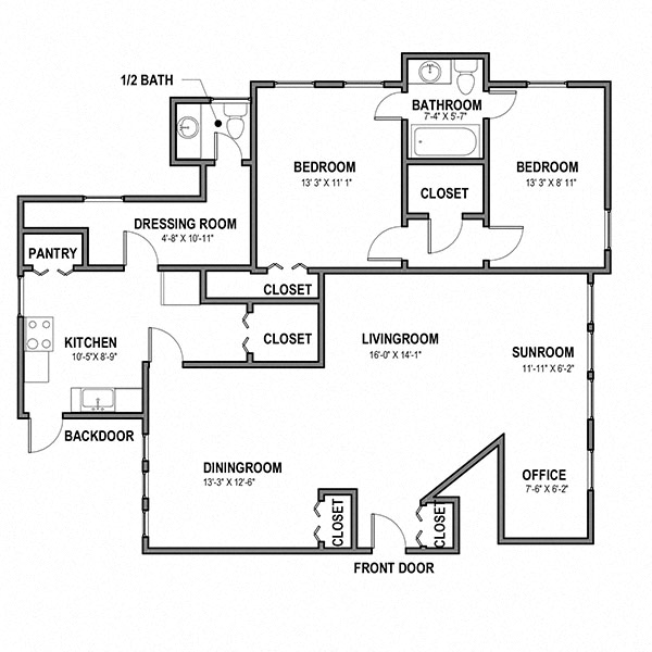 Floor plan for 2 beds, 1 bath, 1197 sqft